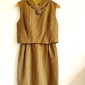 Vintage Handmade 60 70s Gold Green Metallic Holiday Party Dress New Years Madmen
